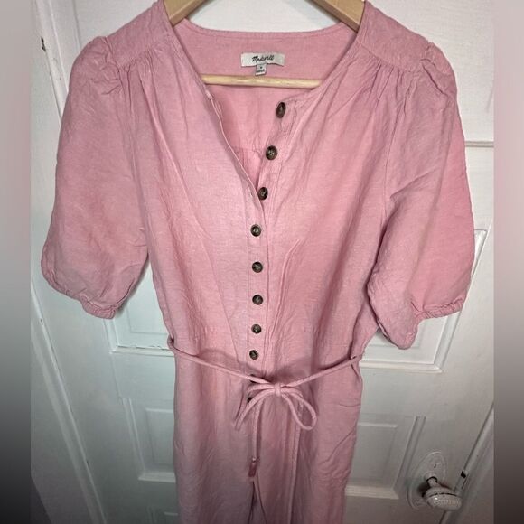 Madewell Linen Blend Puff Sleeve Tassle Tie Jumpsuit in PINK Size M - Picture 3 of 8